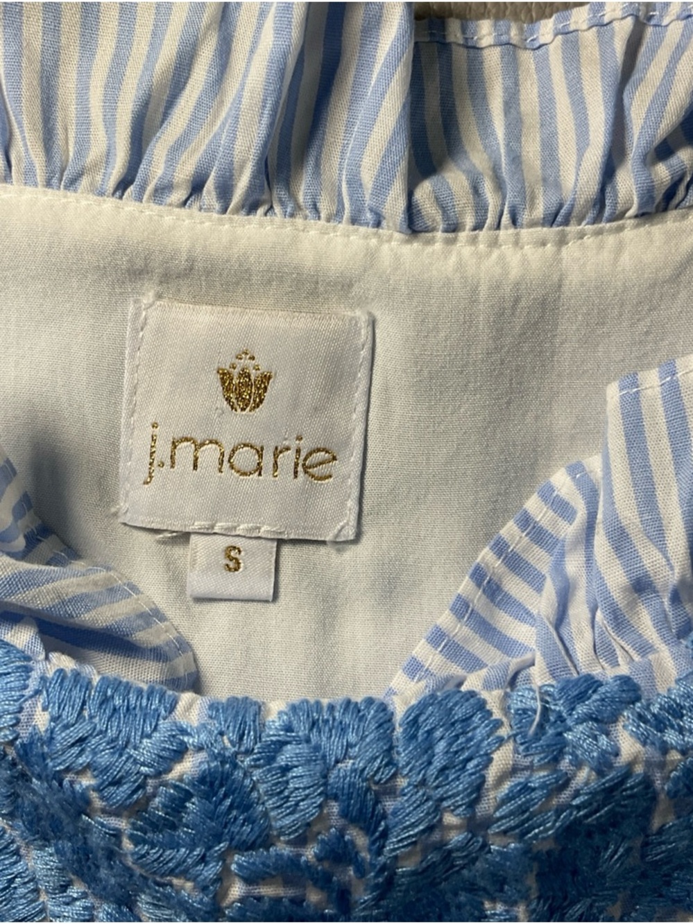 Light Blue Striped Ruffle Sleeve Blouse with Crochet Trim - Picture 2 of 7